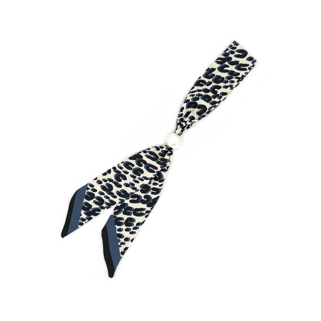 blue and black leopard print twilly with pearl slide