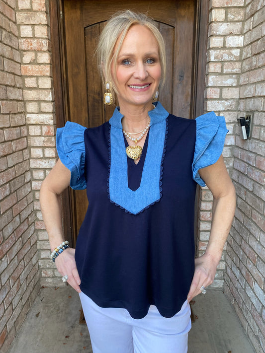 Sweet Navy & Chambray Blouse