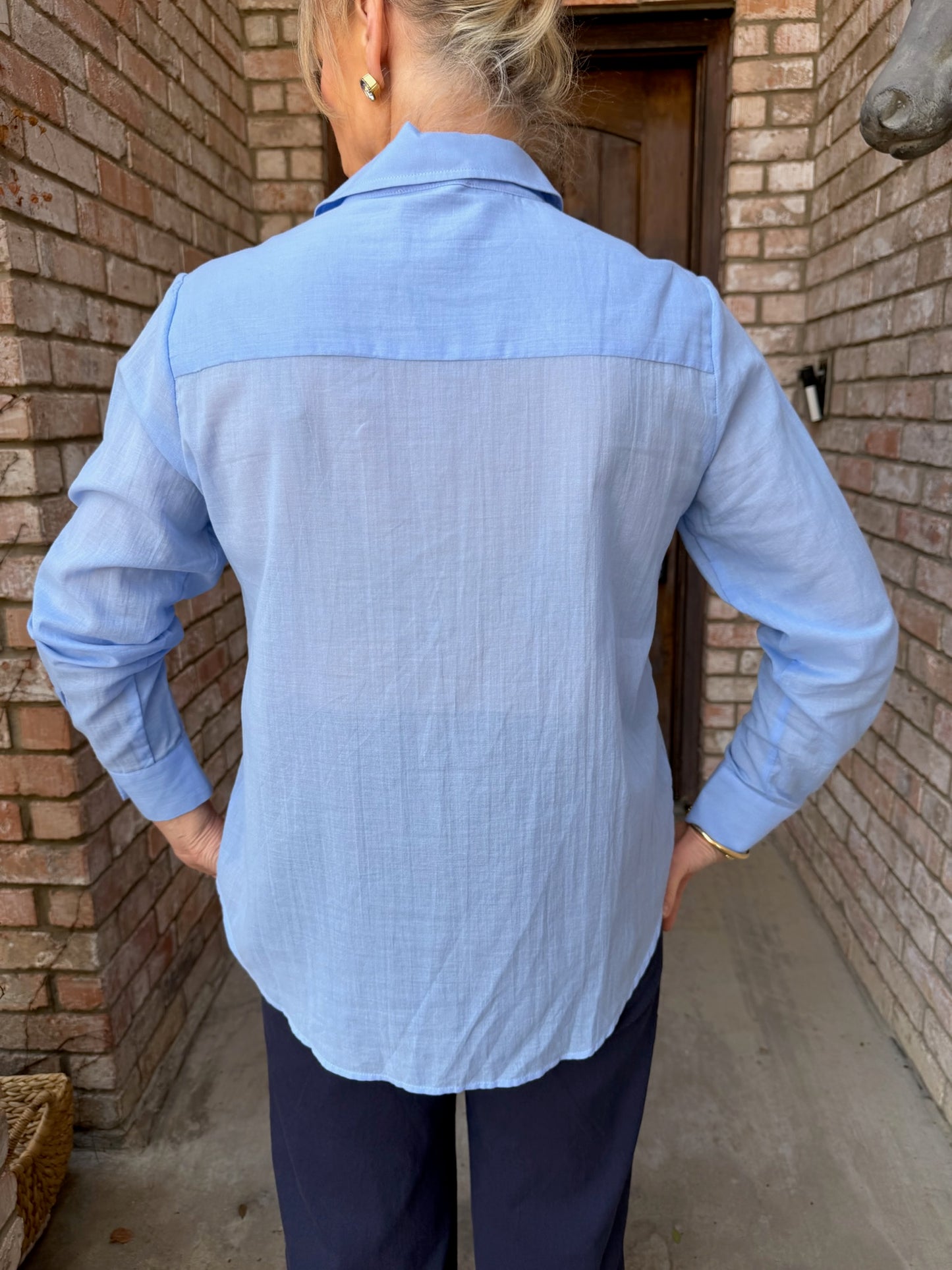 Periwinkle Tuxedo Ruffle Blouse