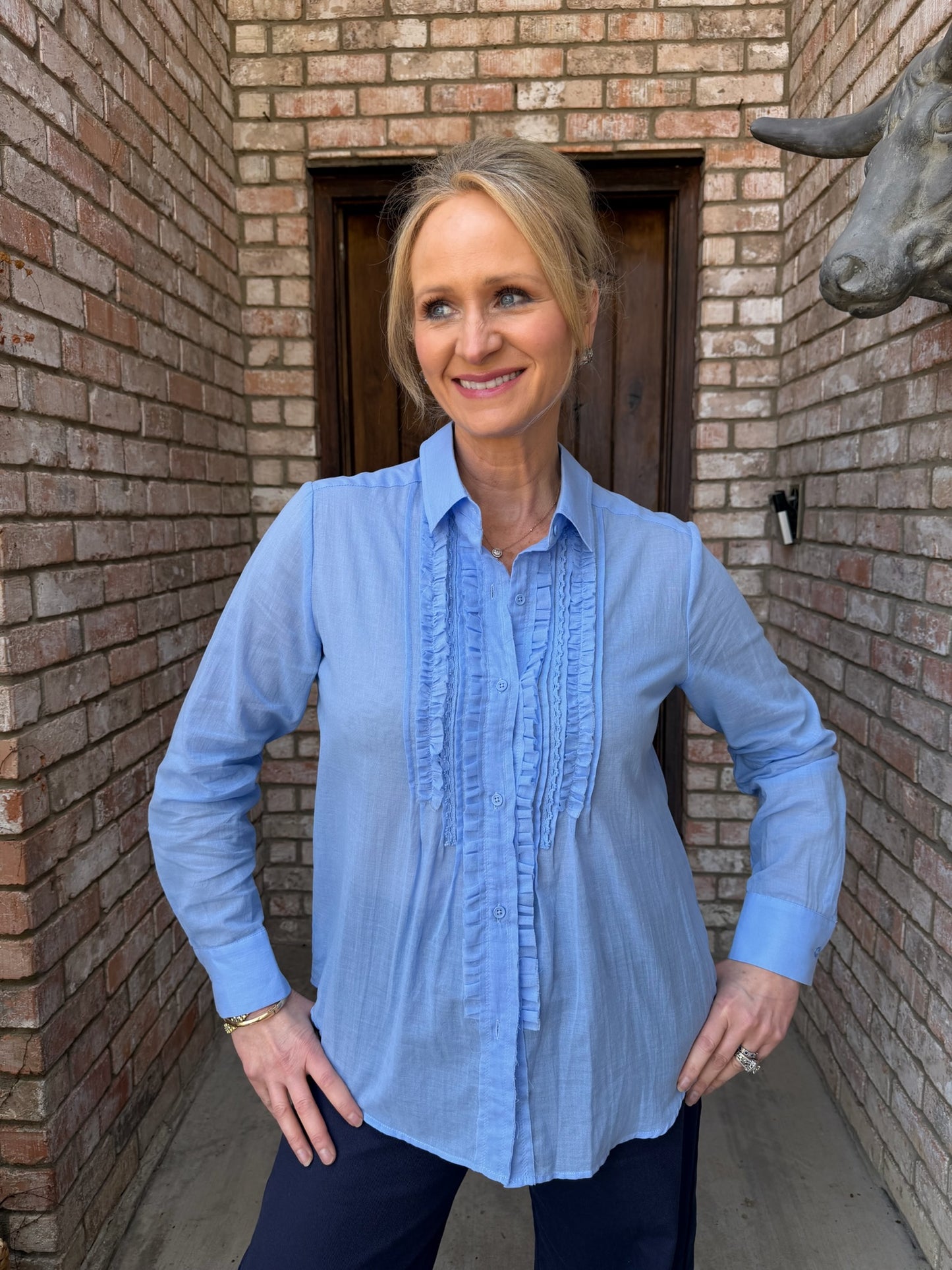 Periwinkle Tuxedo Ruffle Blouse