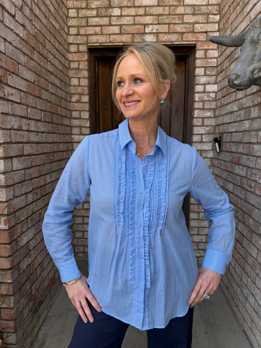 Periwinkle Tuxedo Ruffle Blouse