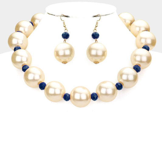 Chunky Pearl Statement Necklace & Earring Set- Navy