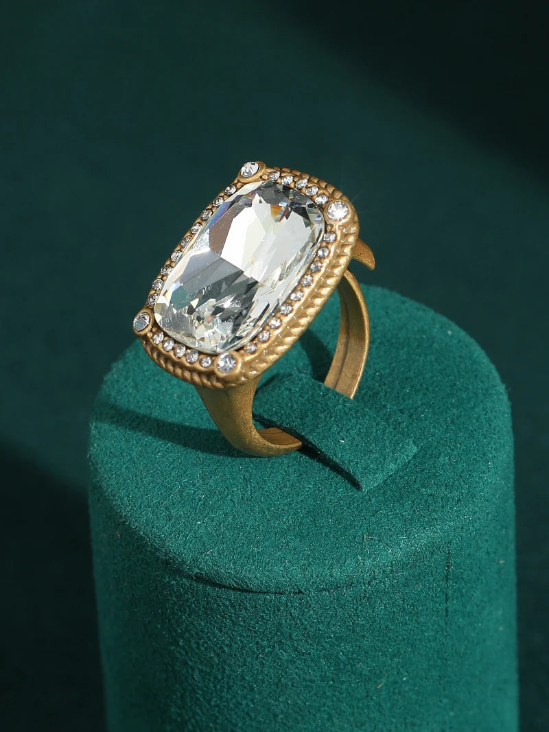 gold adjustable ring with rectangle crystal gemstone cocktail ring