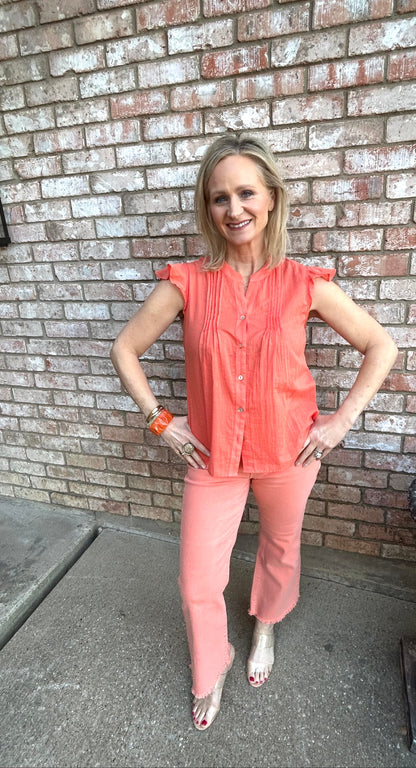 Washed Frayed Hem Flair Pant- Coral