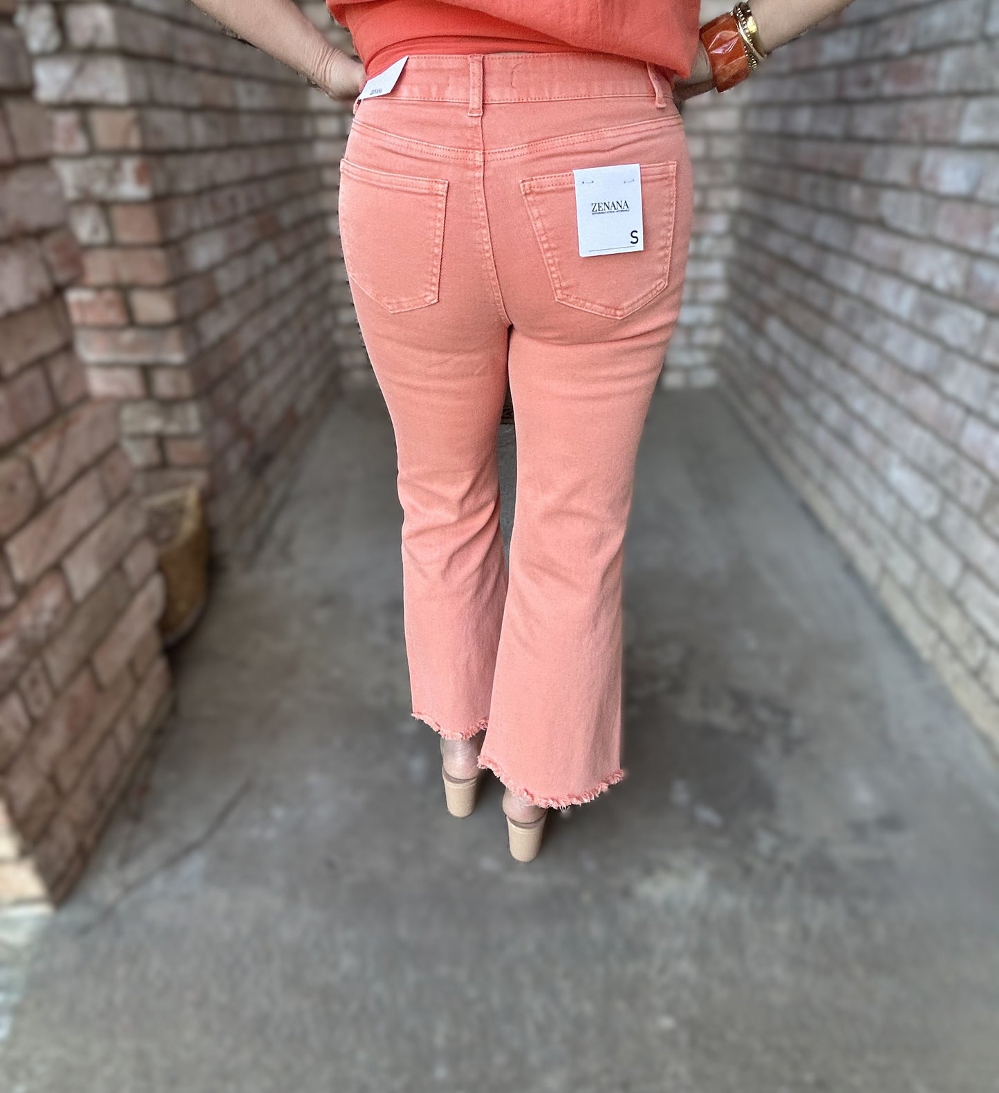 Washed Frayed Hem Flair Pant- Coral