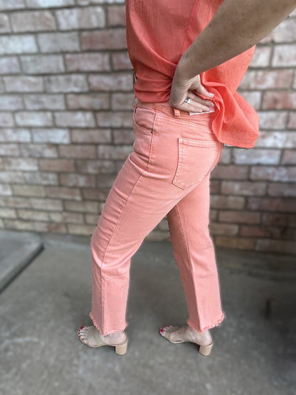 Washed Frayed Hem Flair Pant- Coral