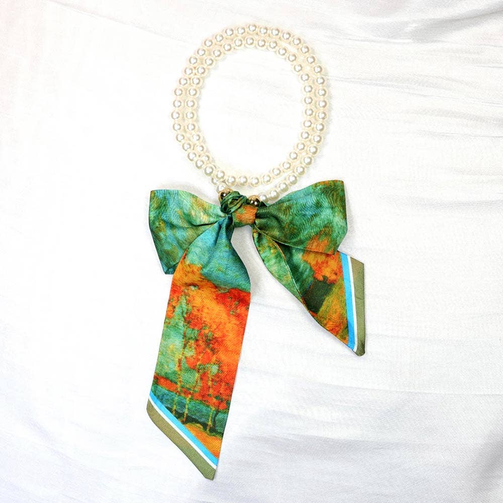 Watercolor Fabric Scarf Pearl Beaded Long Necklace