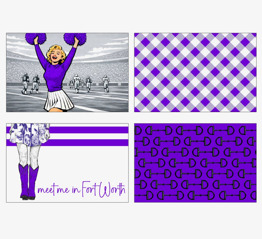 A Lucite tray with four-panel graphic design sheet featuring a cheerleader illustration, a purple-and-white gingham pattern, a purple-and-white striped banner with 'meet me in Fort Worth' text, and a purple background with a repeating black horseshoe pattern.