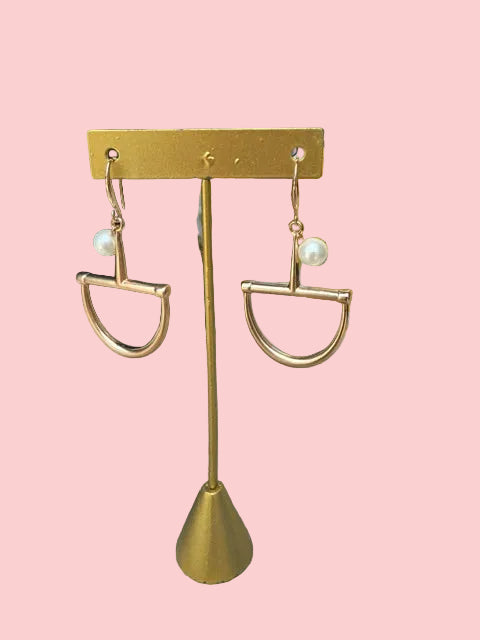 gold dangle horse bit earring with pearl