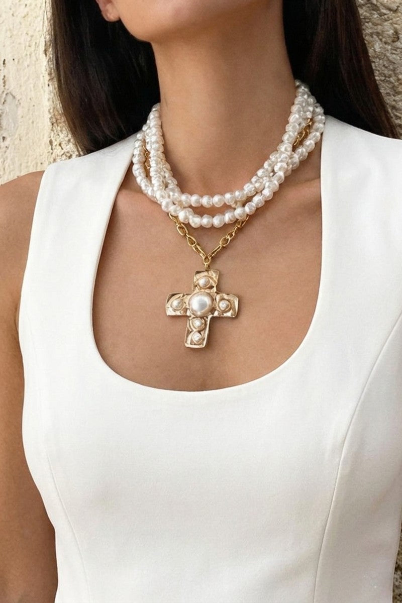 Pearl and gold mutlistrand necklace with gold and pearl cross pendant
