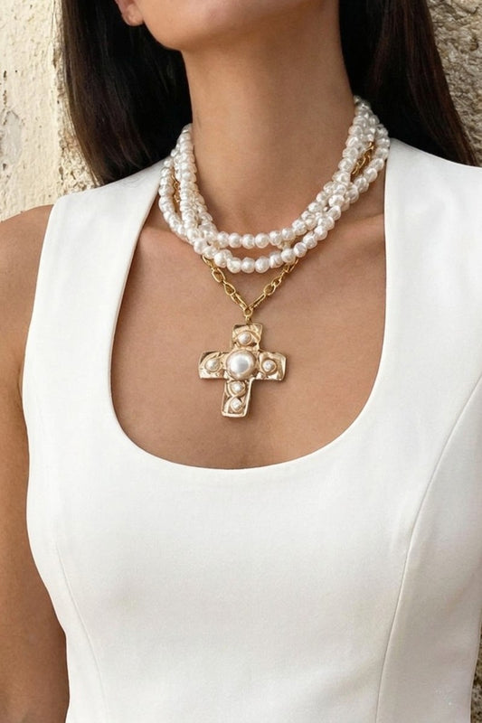 Pearl and gold mutlistrand necklace with gold and pearl cross pendant
