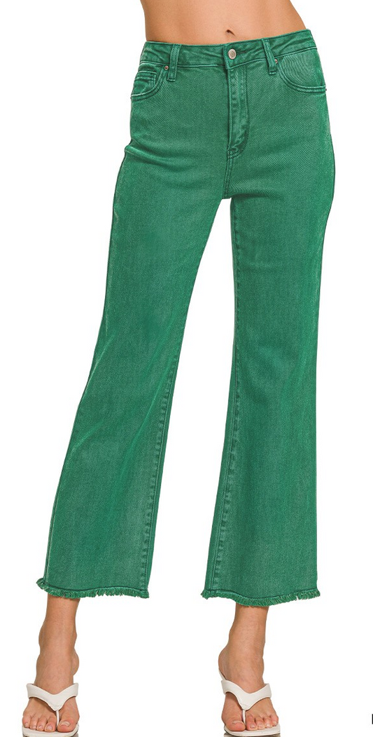 Washed Frayed Hem- Emerald Green Pant