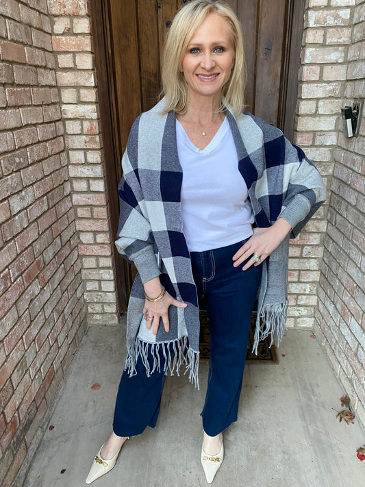 Classic Plaid Shawl- Grey/Blue