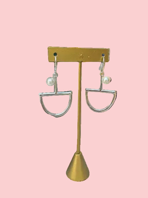 Pair of silver dangle horse bit earring with small pearl