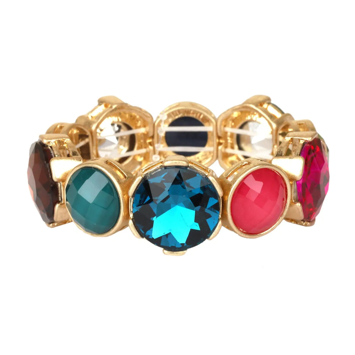 A gold-plated stretch band bracelet featuring multiple round faceted gemstones in dark brown, teal, light blue, red, and dark pink, displayed on a clean white background.