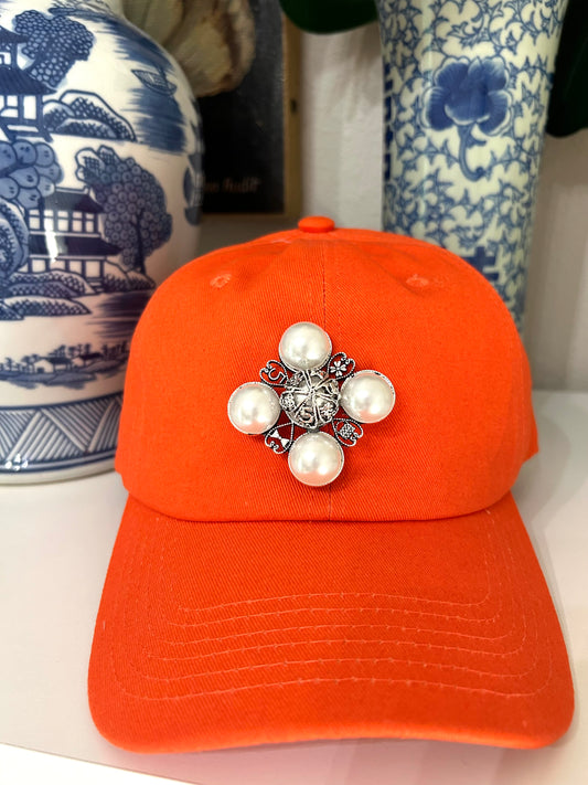 Pearl Brooch Hat- Orange
