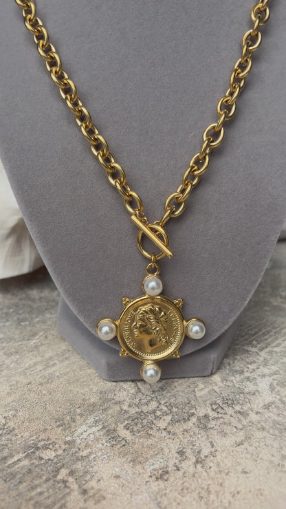 Classic Coin Pearl Medallion Necklace