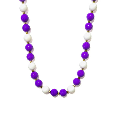 beaded game day necklace in purple and white alternating beads with water resistant gold spacer details