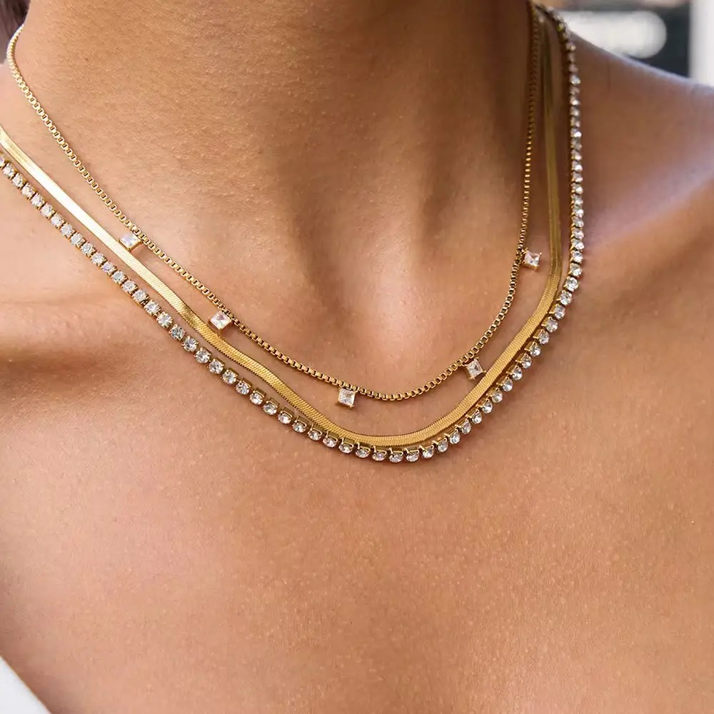 Tennis Herringbone Layered Necklace