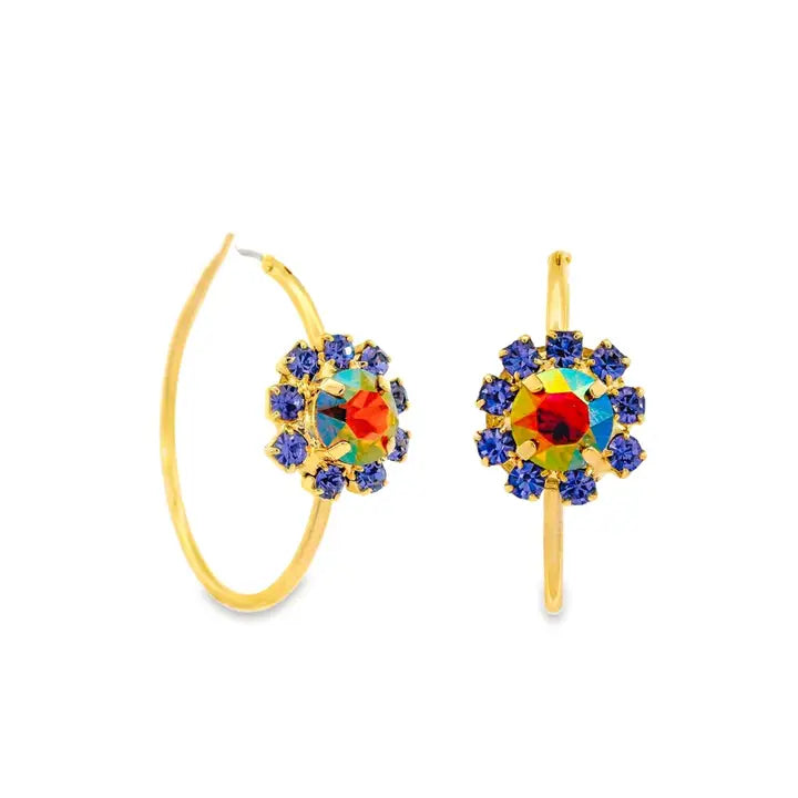 Tova Gold hoop earrings with colorful gemstones on a white background