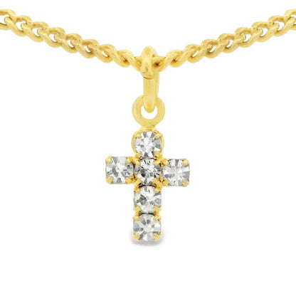 A tova gold cross pendant necklace featuring four clear round-cut gemstones, suspended from a gold chain on a plain white background.