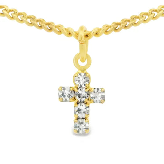 A tova gold cross pendant necklace featuring four clear round-cut gemstones, suspended from a gold chain on a plain white background.