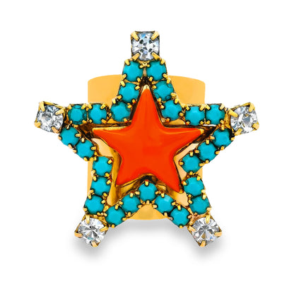 Tova Star-shaped adjustable ring with turquoise stones, orange center, and gold border on a white background
