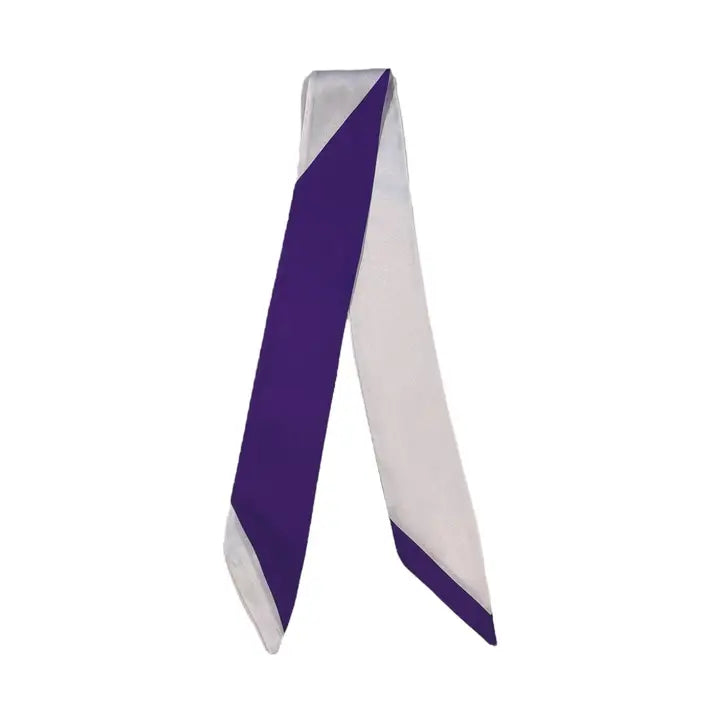 A satin or silk twilly with a diagonal split design of purple and white, shown against a plain white background.