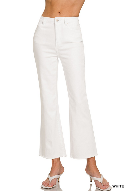 Washed Frayed Hem Flair Pant- White