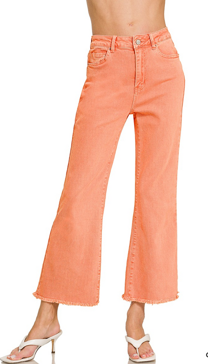 Washed Frayed Hem Flair Pant- Coral