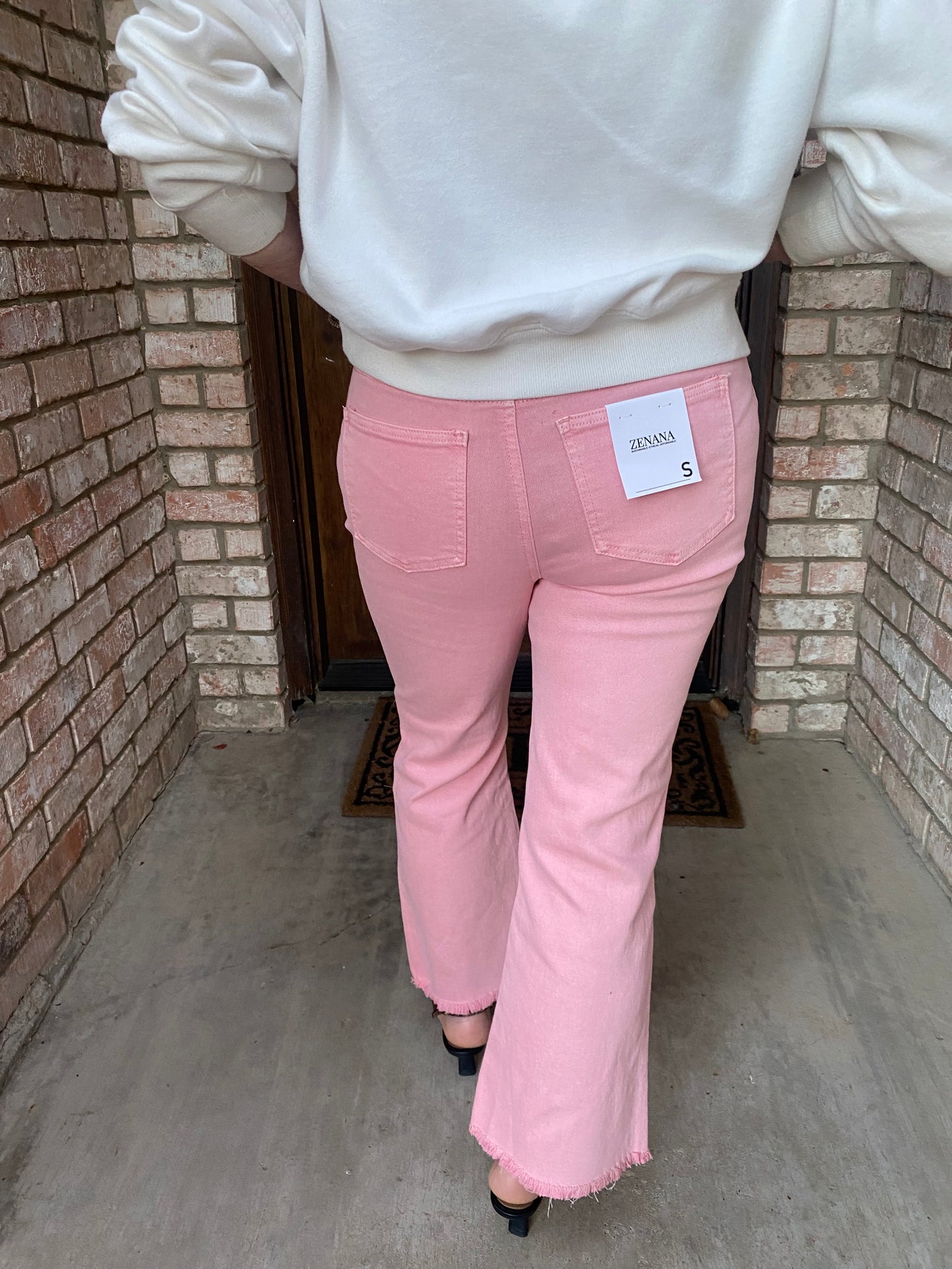 Washed Frayed Hem Flair Pant-Pink