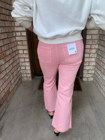Washed Frayed Hem Flair Pant-Pink