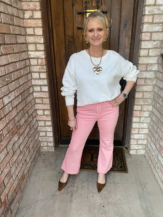 Washed Frayed Hem Flair Pant-Pink